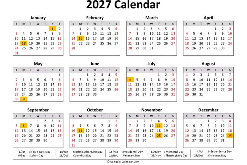 2027 Printable Calendar By Month With Holidays