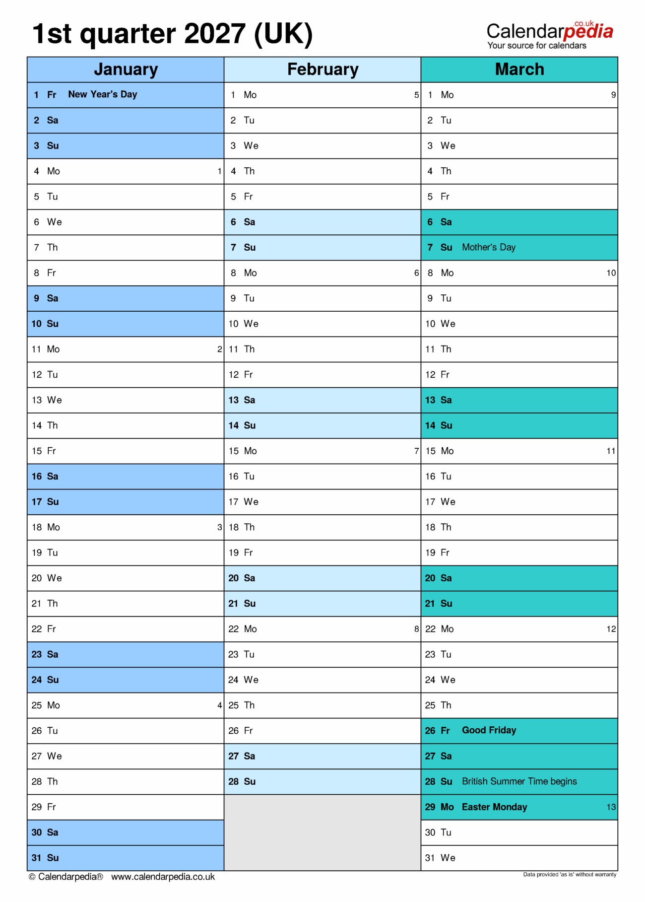 2027 Printable Calendar By Quarter - Quarterly calendar 2027 (UK): free PDF templates