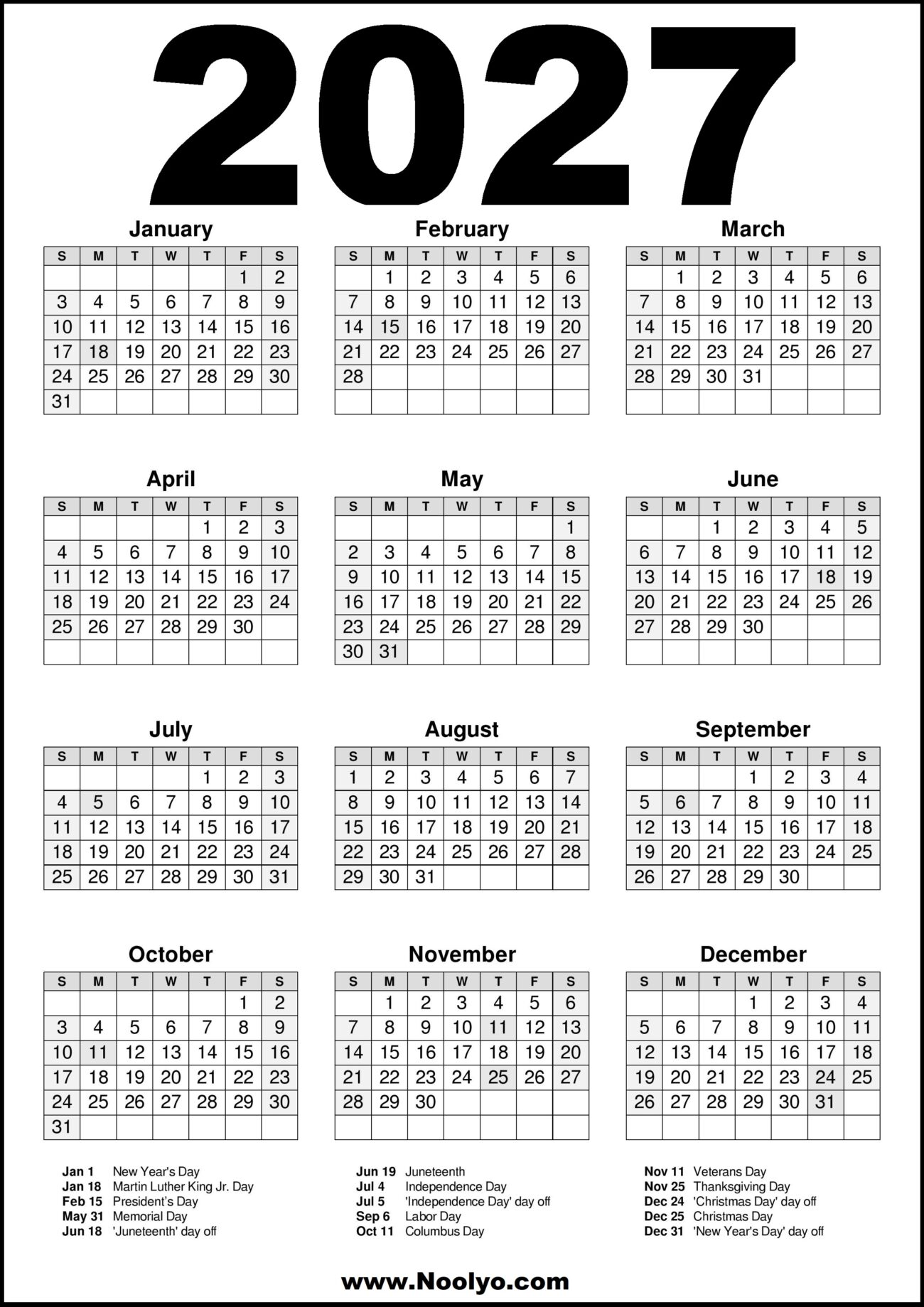 2027 Printable Calendar By Year - 2027 USA Calendar Printable – Yearly with Holidays – Noolyo.com