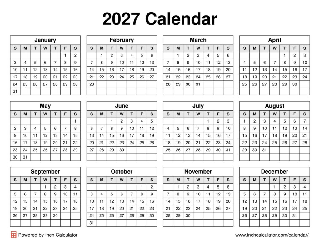 2027 Printable Calendar One Page Landscape - 2027 Calendar - Inch Calculator