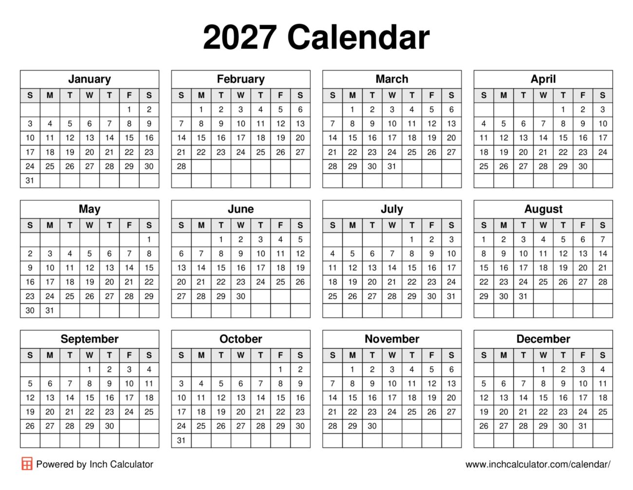 2027 Printable Calendar One Page Landscape - 2027 Calendar - Inch Calculator