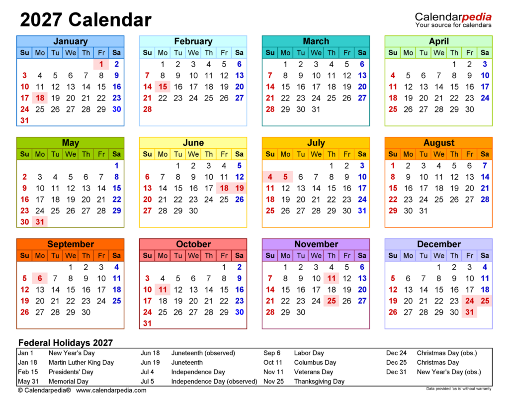 2027 Printable Calendar One Page With Holidays - Free Printable Calendar
