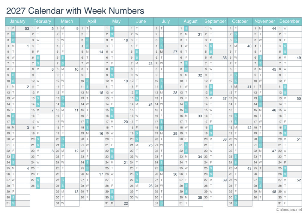 2027 Printable Calendar - PDF or Excel