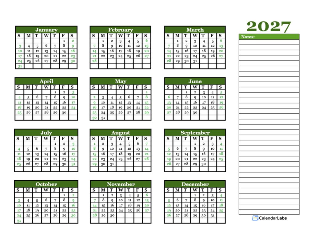 2027 Printable Calendar With Notes - 2027 Yearly Calendar With Blank Notes - Free Printable Templates
