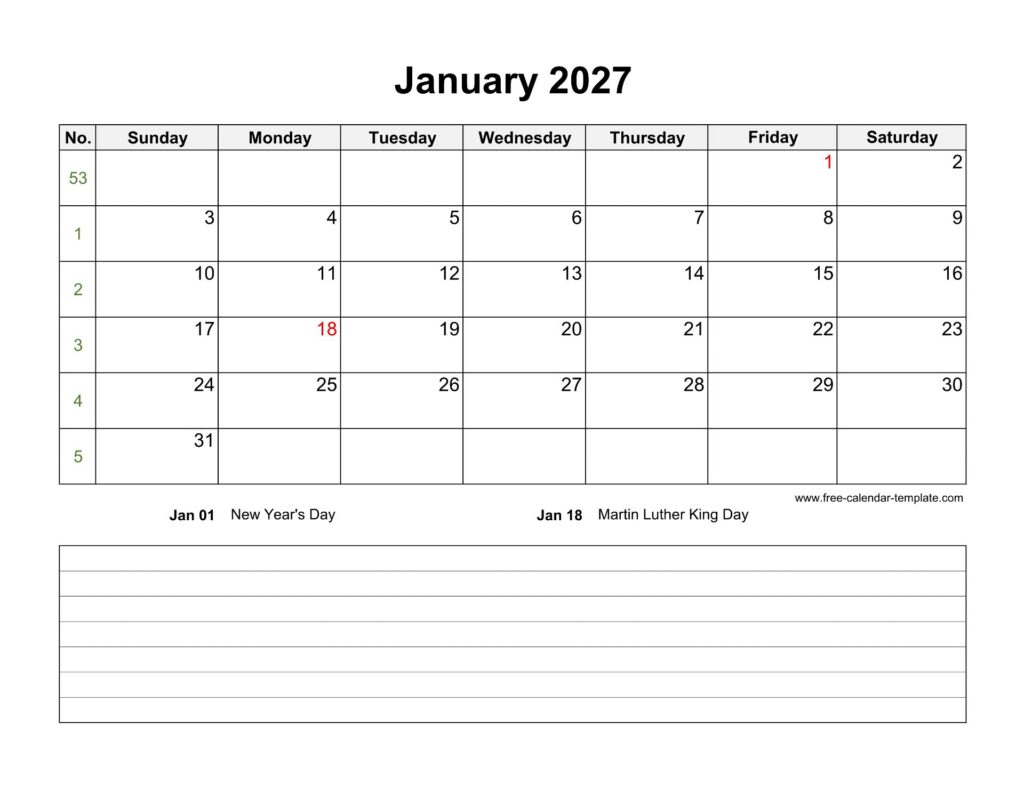 2027 Printable Monthly Calendar with space for appointments (horizontal ...