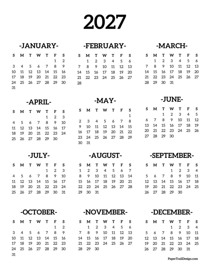 2027 Single Page Calendar Printable - 2027 Printable Calendar One Page - Paper Trail Design