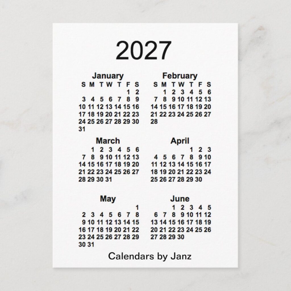 2027 White 6 Month Mini Calendar by Janz Postcard | Zazzle 2027 White 6 Month Mini Calendar by Janz Postcard | Zazzle