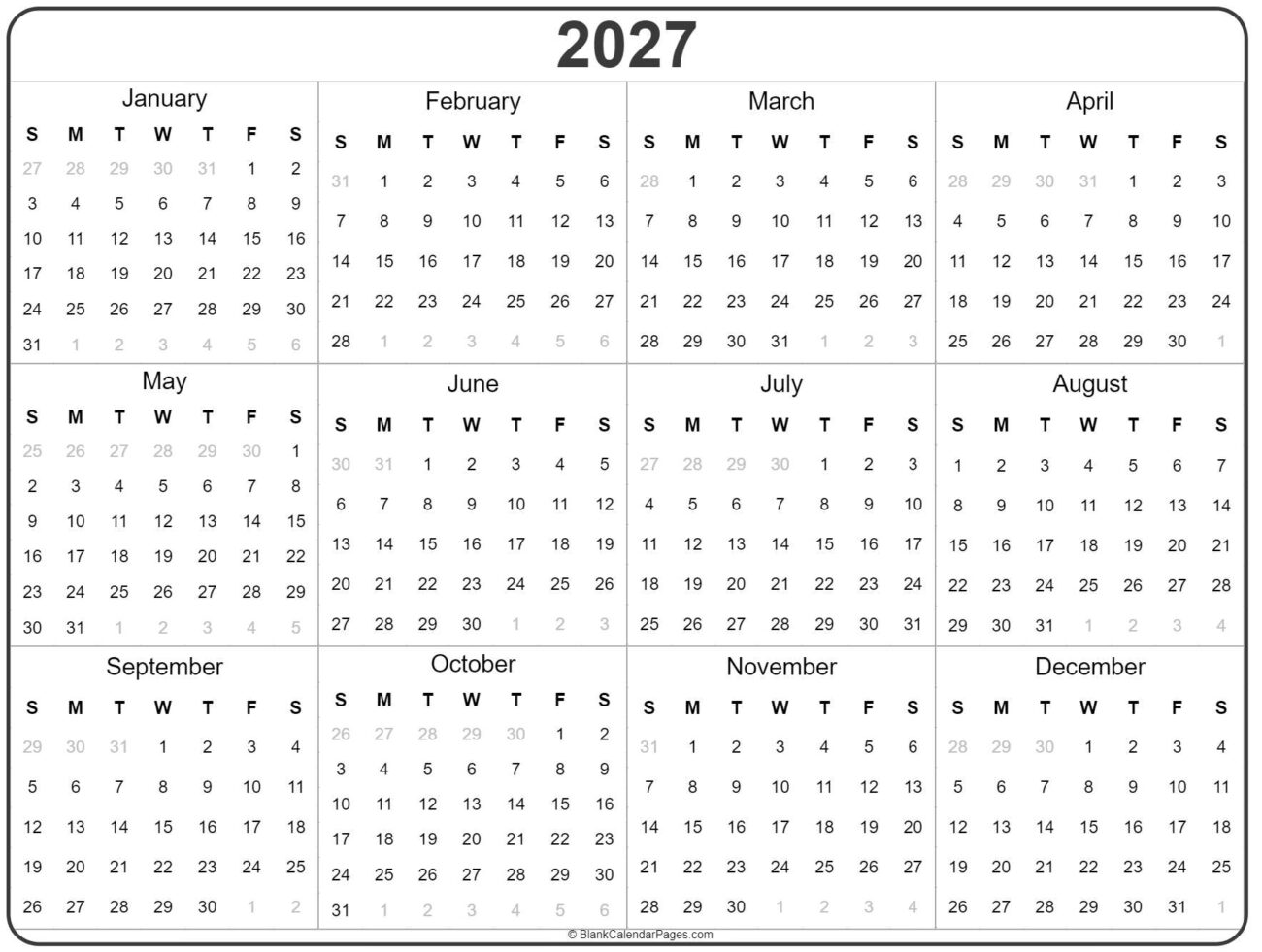 2027 Whole Year Calendar Printable - 2027 year calendar | yearly printable