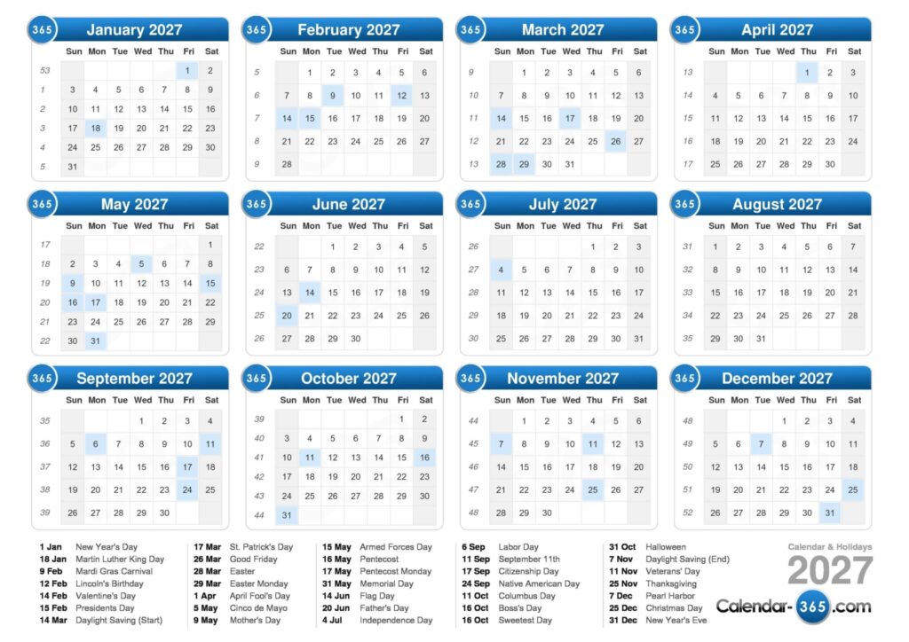 2027 Work Week Calendar - Free Printable Calendar