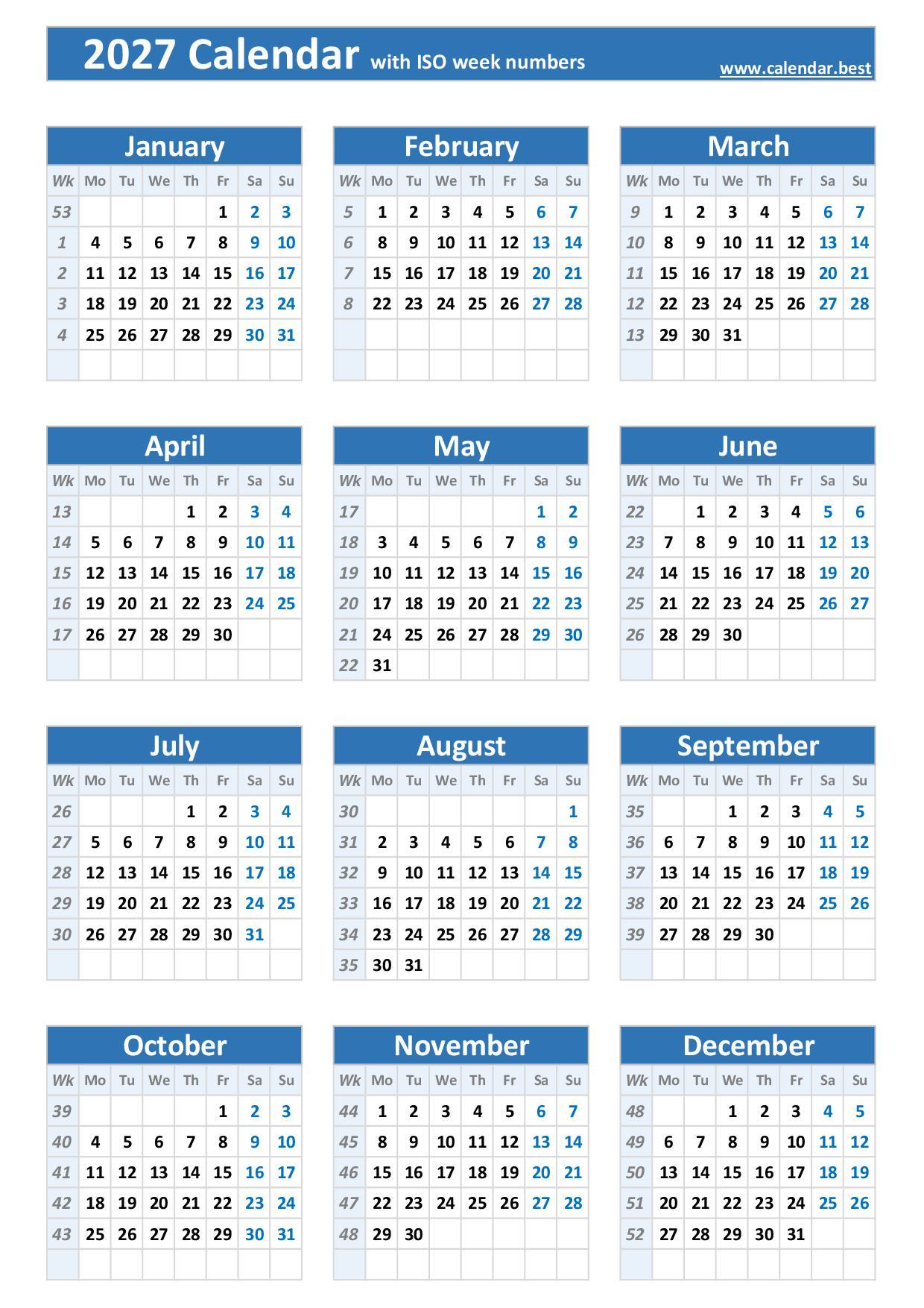 2027 Work Week Calendar Printable - 2027 calendar with week numbers (US and ISO week numbers)