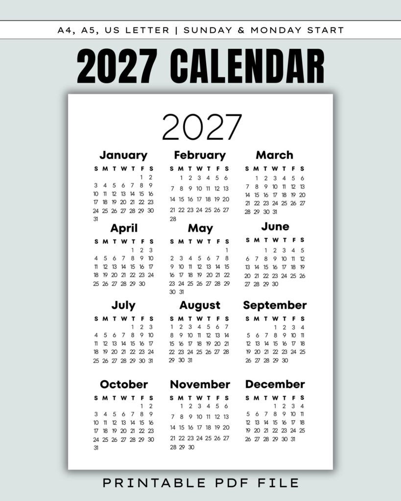 2027 Year at a Glance Calendar Printable, Full Year One Page … 2027 Year at a Glance Calendar Printable, Full Year One Page ...