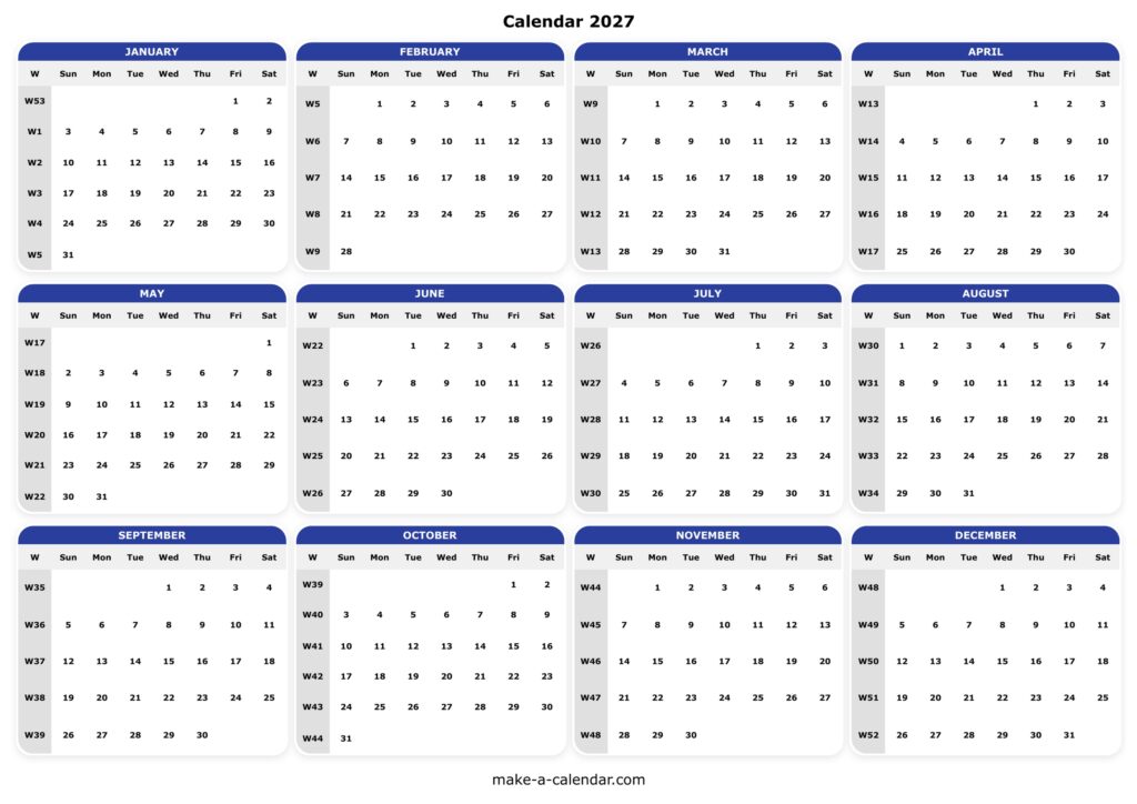 2027 Yearly Calendar — Print PDF with Holidays & Week Numbers