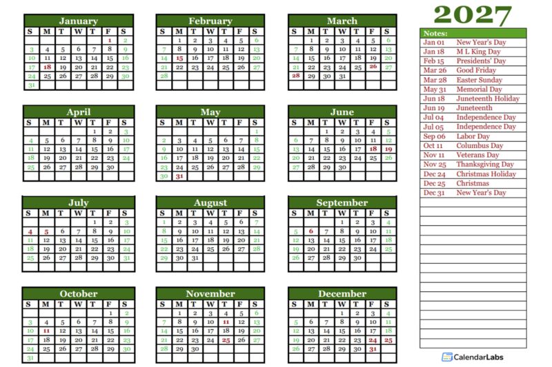 2027 Yearly Calendar Printable Landscape