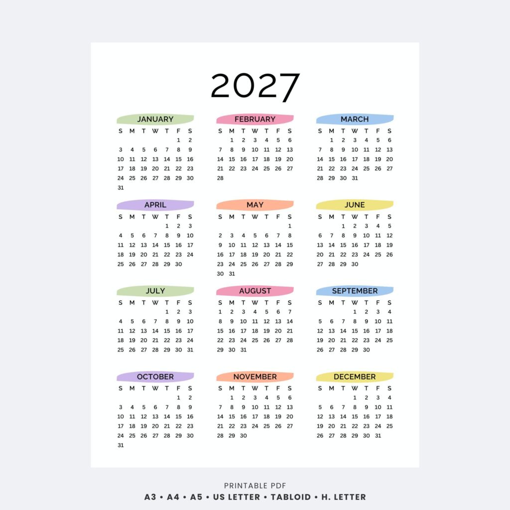2027 Yearly Calendar Printable One Page | Full Year at a Glance ...