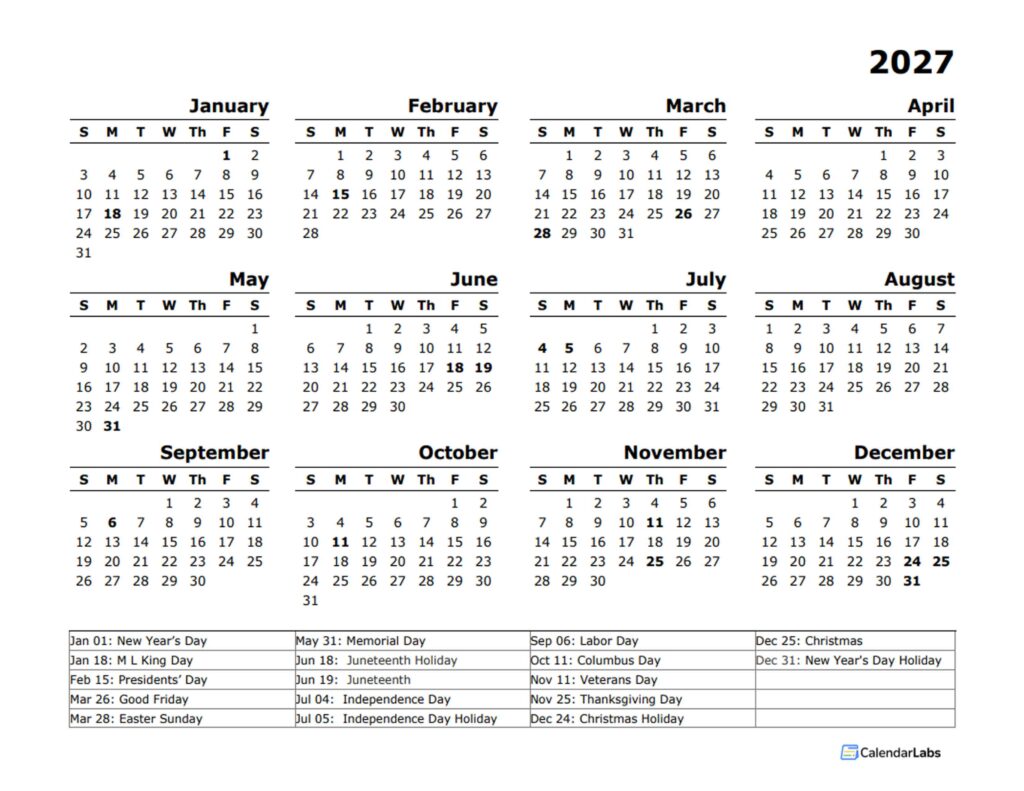 2027 Yearly Calendar Template With US Holidays - Free Printable Templates