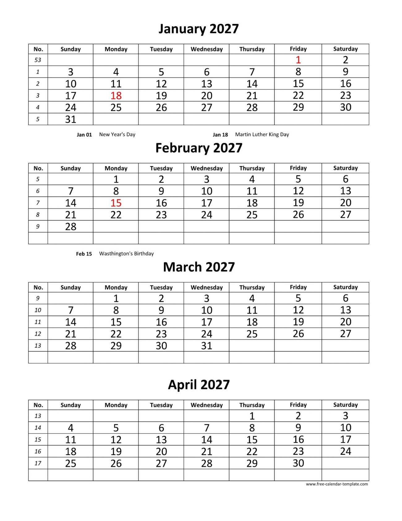 4 Month Calendar 2027 Printable - Monthly 2027 Calendar 4 months per page (vertical) | Free-calendar ...