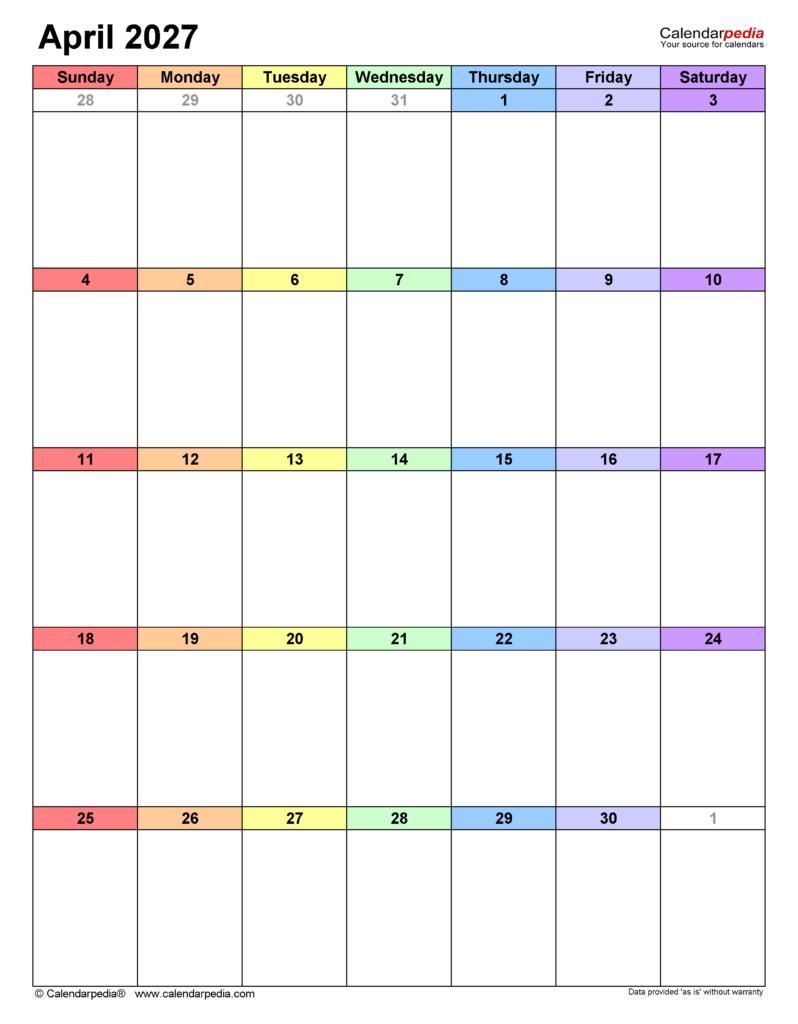 April 2027 Calendar: 12 Free Printable PDF Templates