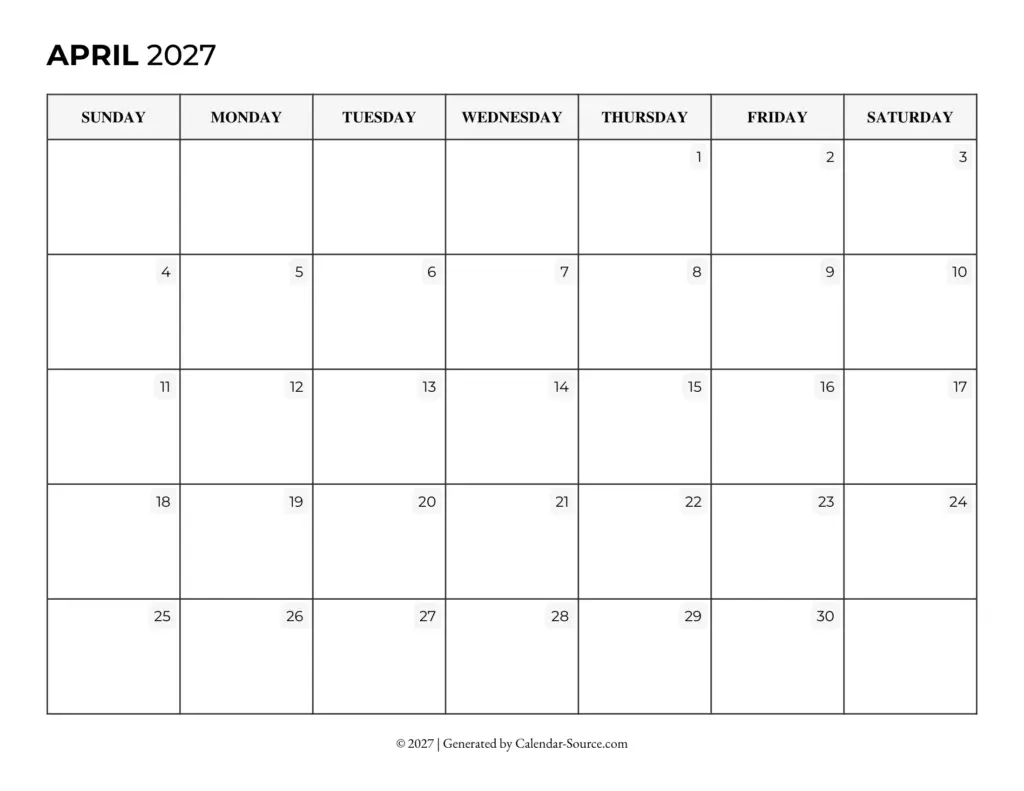April 2027 Calendar (Printable)
