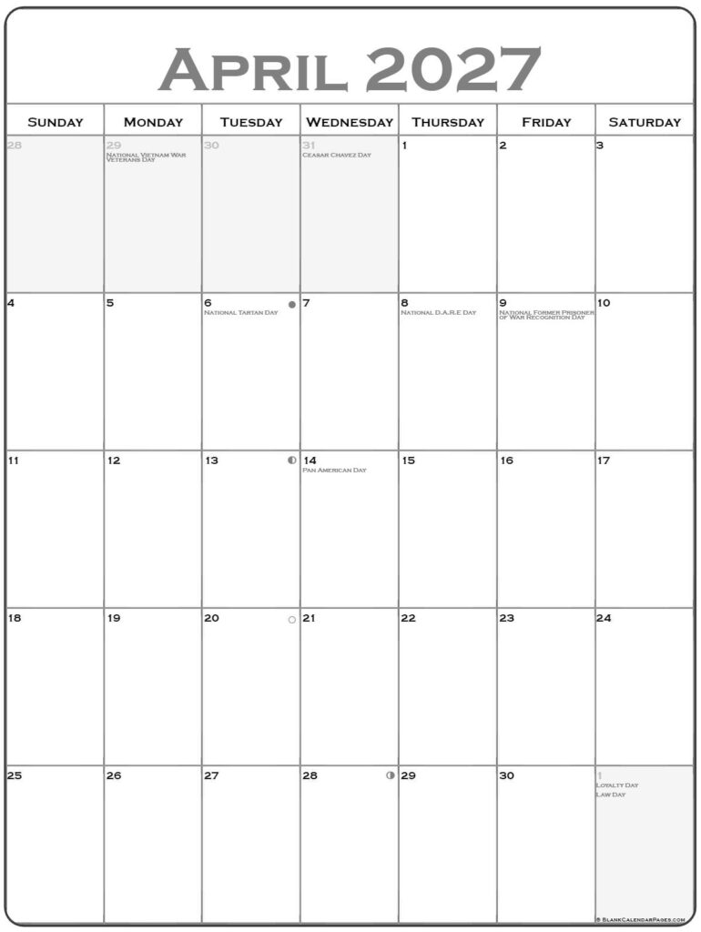 April 2027 Calendar Printable Portrait - April 2027 Vertical Calendar | Portrait