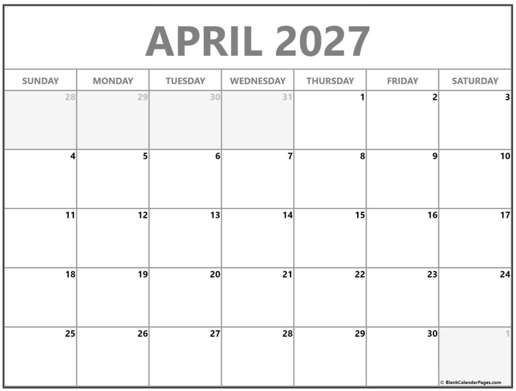 April 2027 Printable Calendar Free - April 2027 Blank Calendar Printable Free - Free Printable Calendar