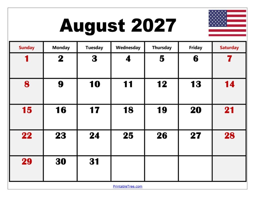August 2027 Calendar Printable PDF Templates Free Download