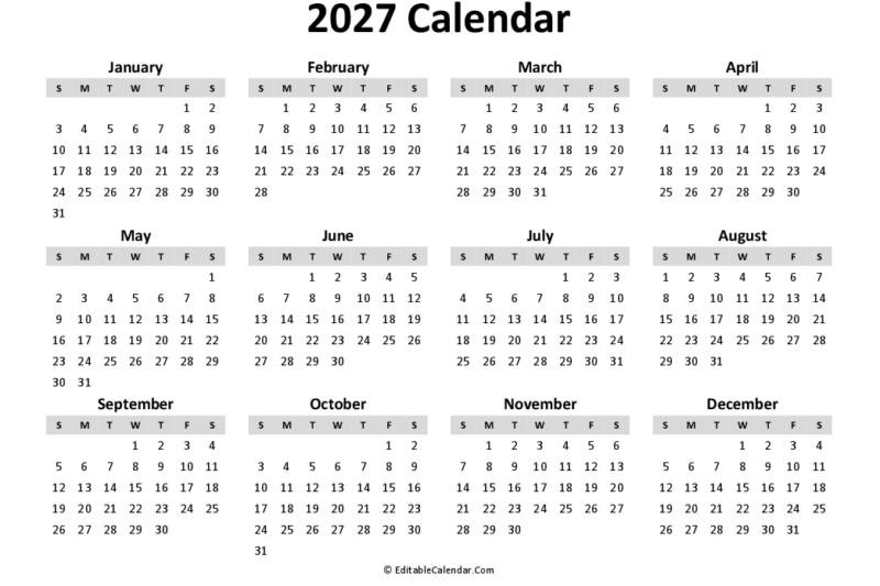 Calendar 2027 Printable Free Word