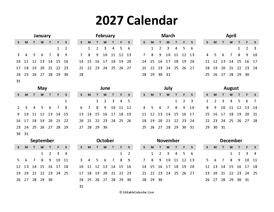 Calendar 2027 Printable Free Word - Free Yearly Calendar 2027