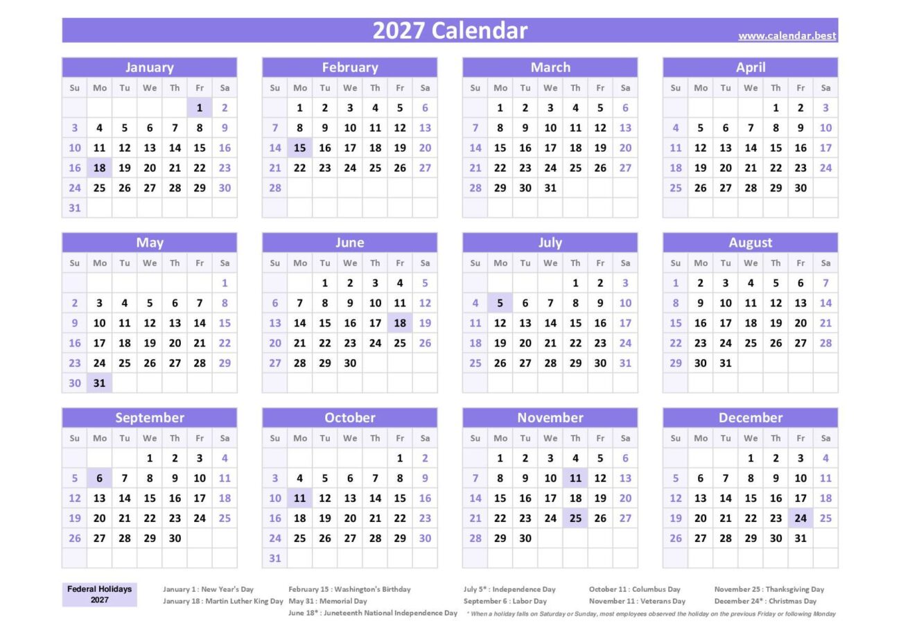 Calendar 2027 To 2027 Printable - 2027 Printable Calendar with Week Numbers, Blank & Holidays