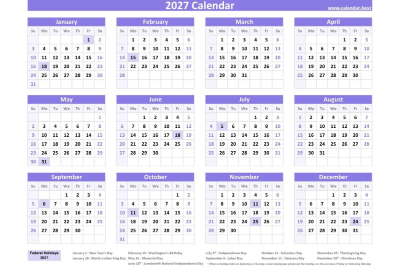 Calendar 2027 To 2027 Printable