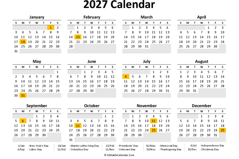 Calendar 2027 To Print For Free