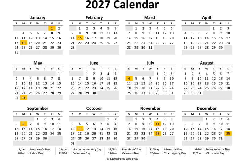 Calendar To Print Free 2027