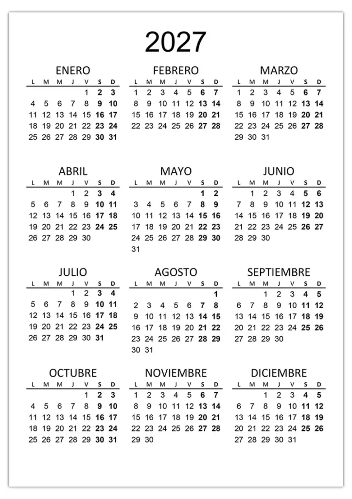 Calendario 2027 para Imprimir en PDF y Word – freevector.ru