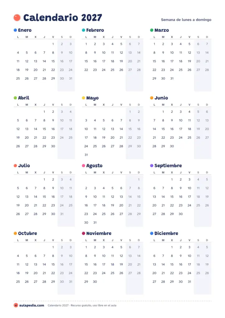 Calendário 2027 Para Imprimir Folha A4 - Calendario 2027 para imprimir con festivos | Aulapedia