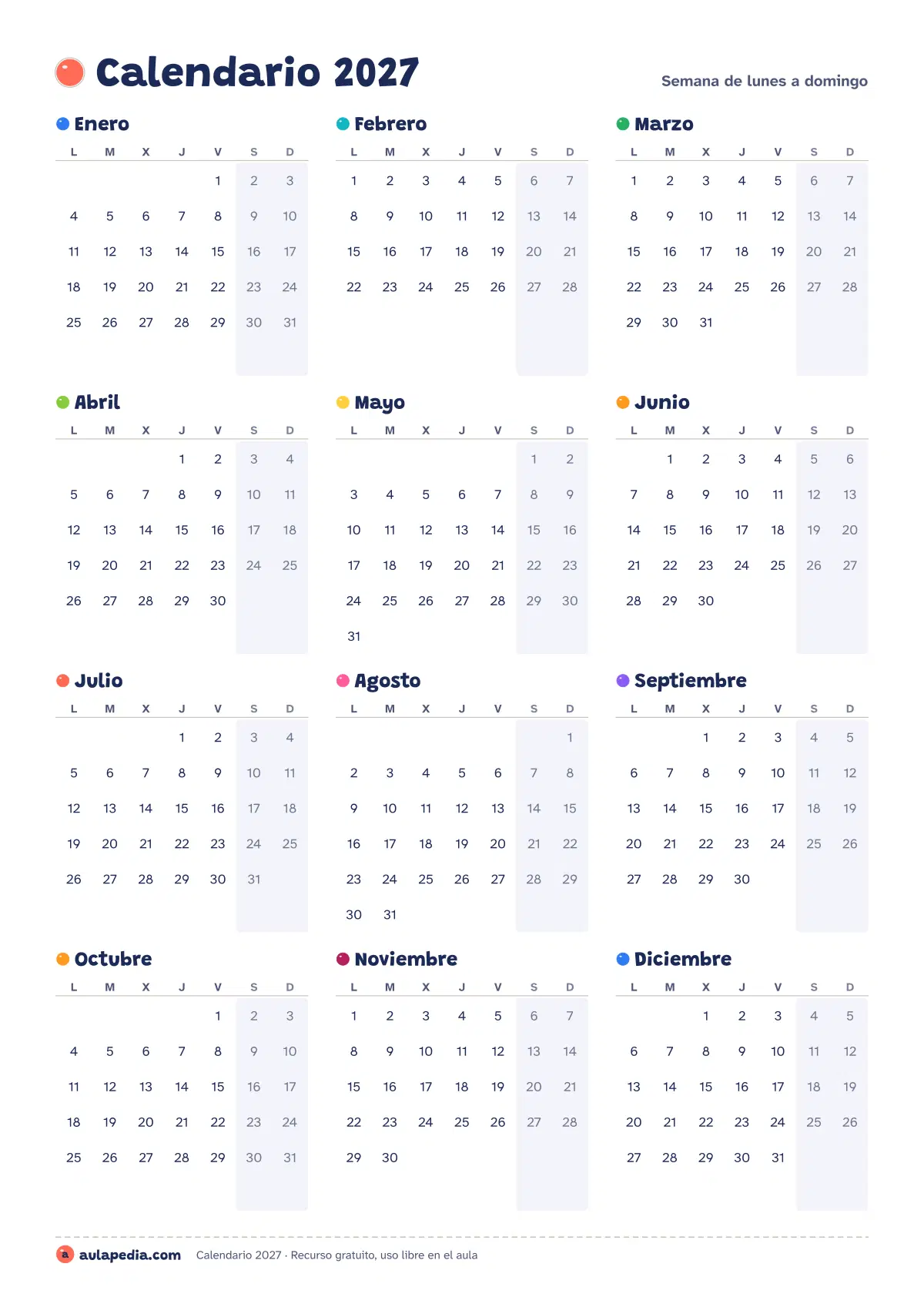 Calendário 2027 Para Imprimir Folha A4 - Calendario 2027 para imprimir con festivos | Aulapedia