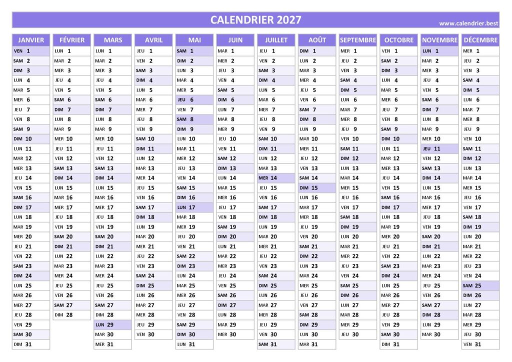 Calendrier 2027 à imprimer Calendrier 2027 à imprimer