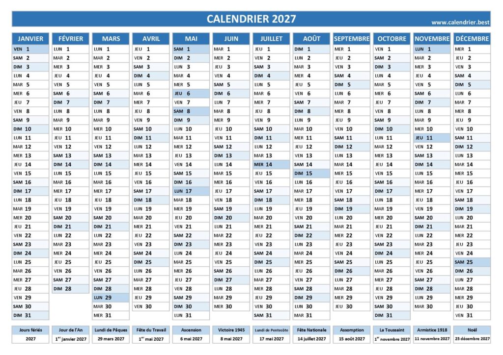 Calendrier 2027 à imprimer