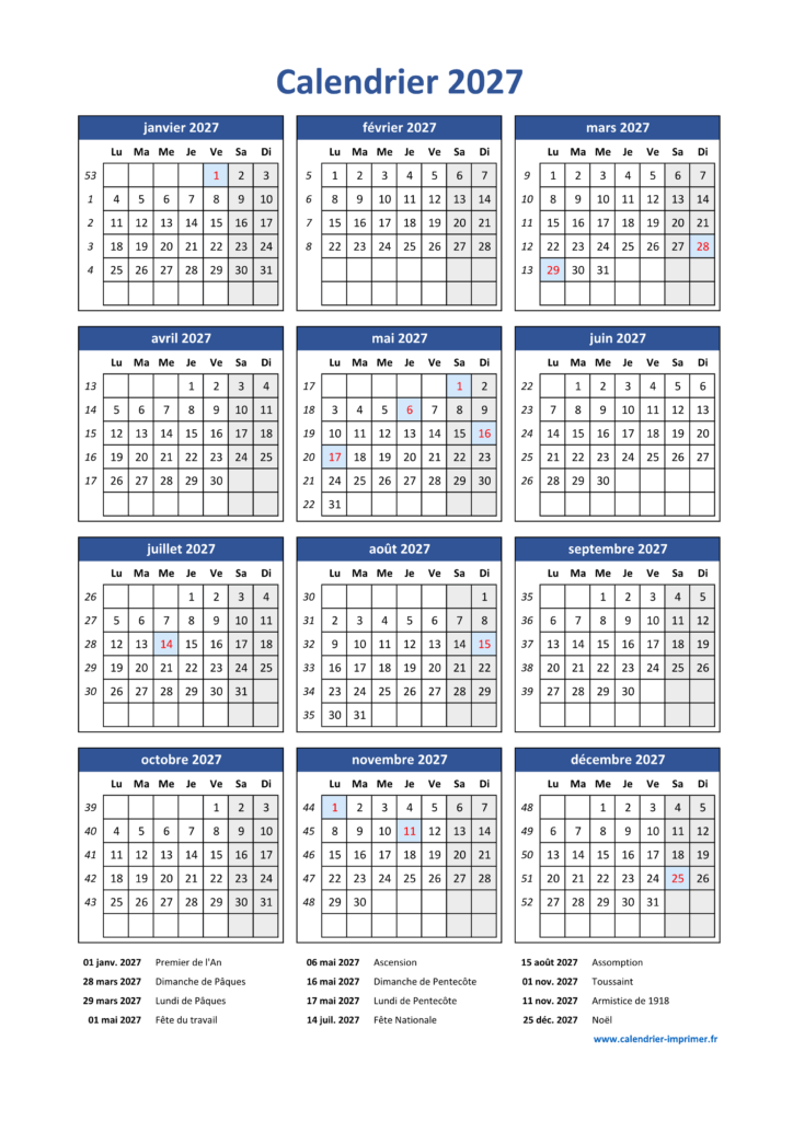 Calendrier 2027 à imprimer gratuit Calendrier 2027 à imprimer gratuit