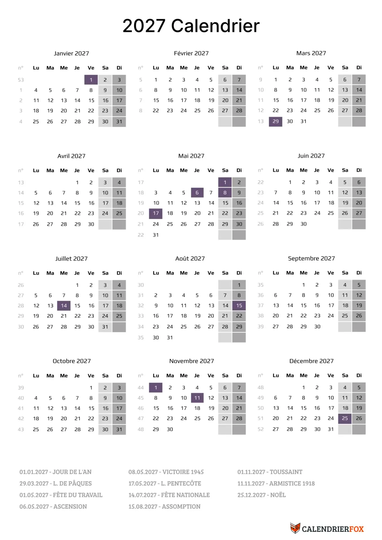 Calendrier 2027 À Imprimer Gratuitement - Calendrier 2027 à imprimer PDF Gratuit