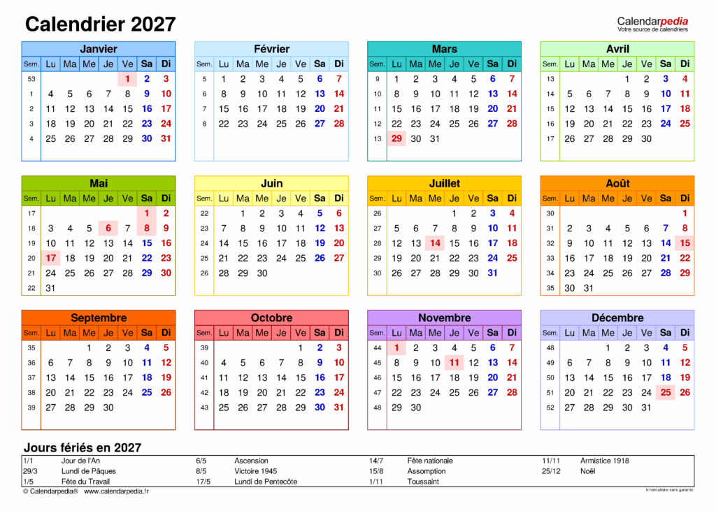 Calendrier 2027 PDF gratuit à imprimer : 20 modèles (France) Calendrier 2027 PDF gratuit à imprimer : 20 modèles (France)
