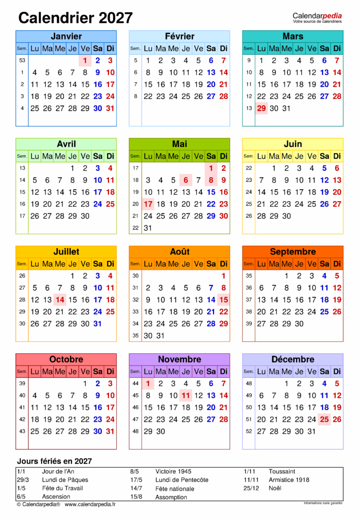 Calendrier 2027 Québec À Imprimer - Calendrier 2027 : 20 modèles Word gratuits à imprimer