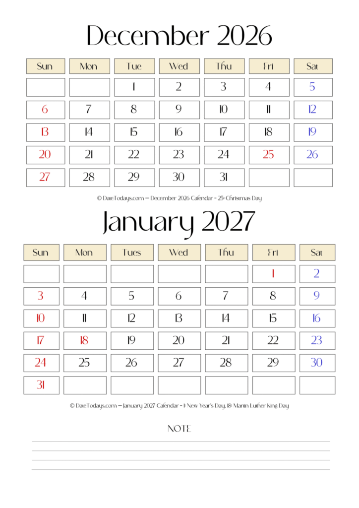 December 2026 January 2027 Calendar – Date Today’s December 2026 January 2027 Calendar - Date Today's