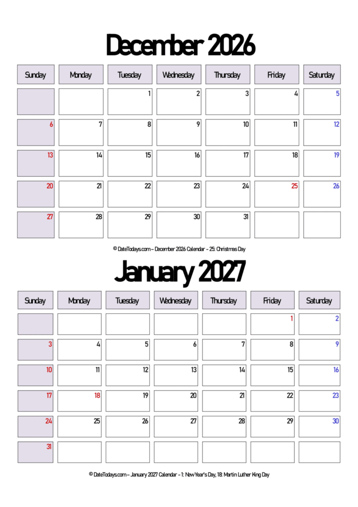 December 2026 January 2027 Calendar - Date Today's