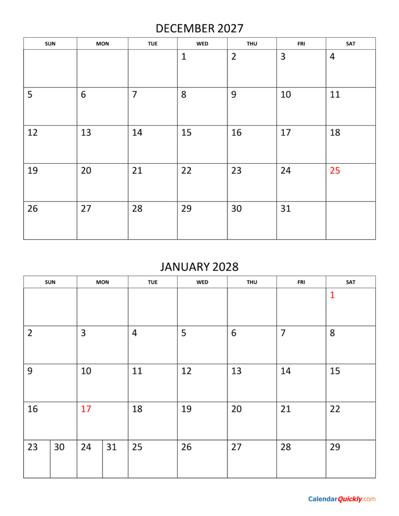 December 2027 and January 2028 Calendar | Calendar Quickly