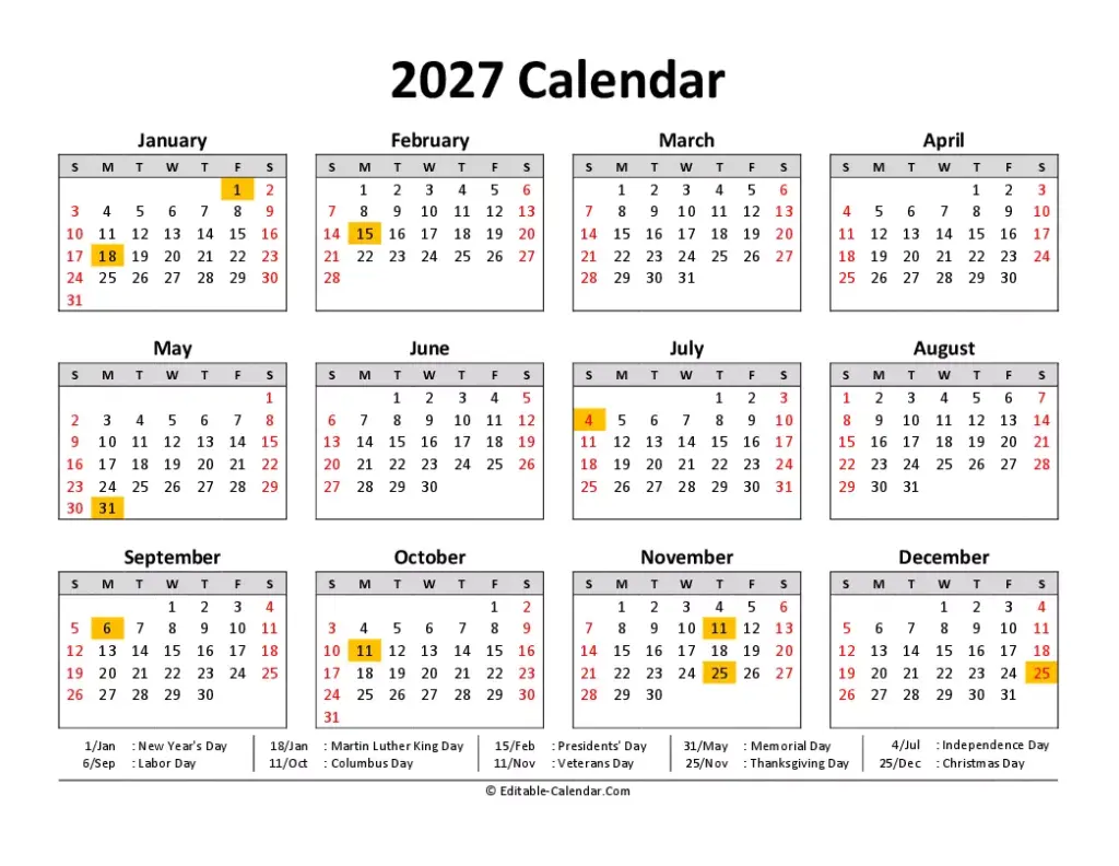 Download 2027 Calendar Printable With Us Holidays, weeks start on Sunday Download 2027 Calendar Printable With Us Holidays, weeks start on Sunday