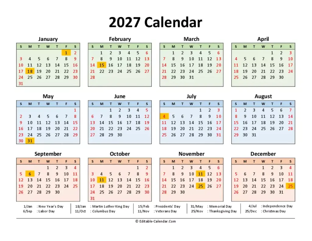 Download 2027 Printable Calendar Free With Us Holidays, weeks start on … Download 2027 Printable Calendar Free With Us Holidays, weeks start on ...