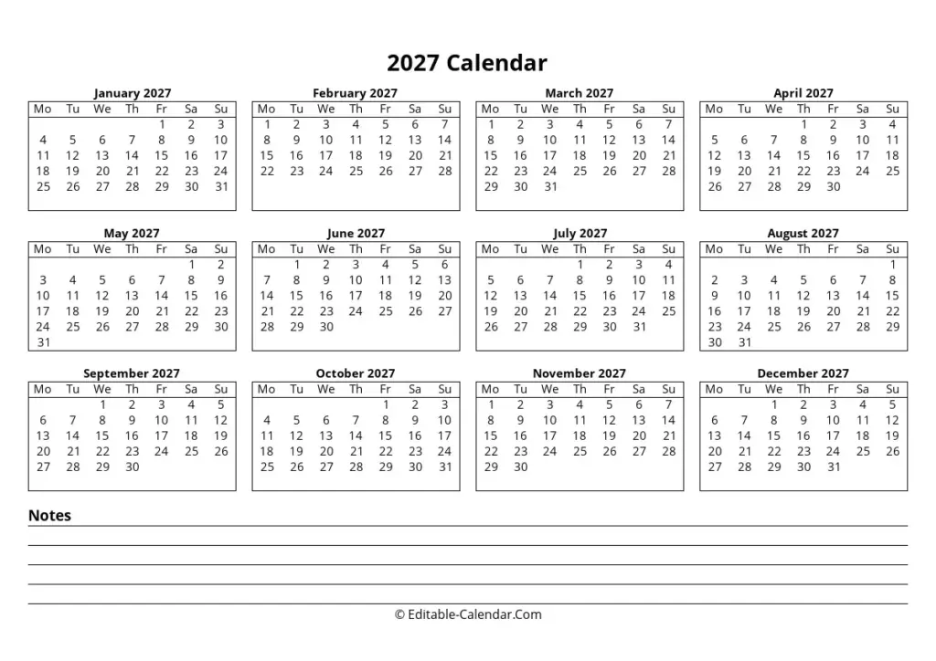 Download Editable 2027 Calendar With Notes, Monday Start