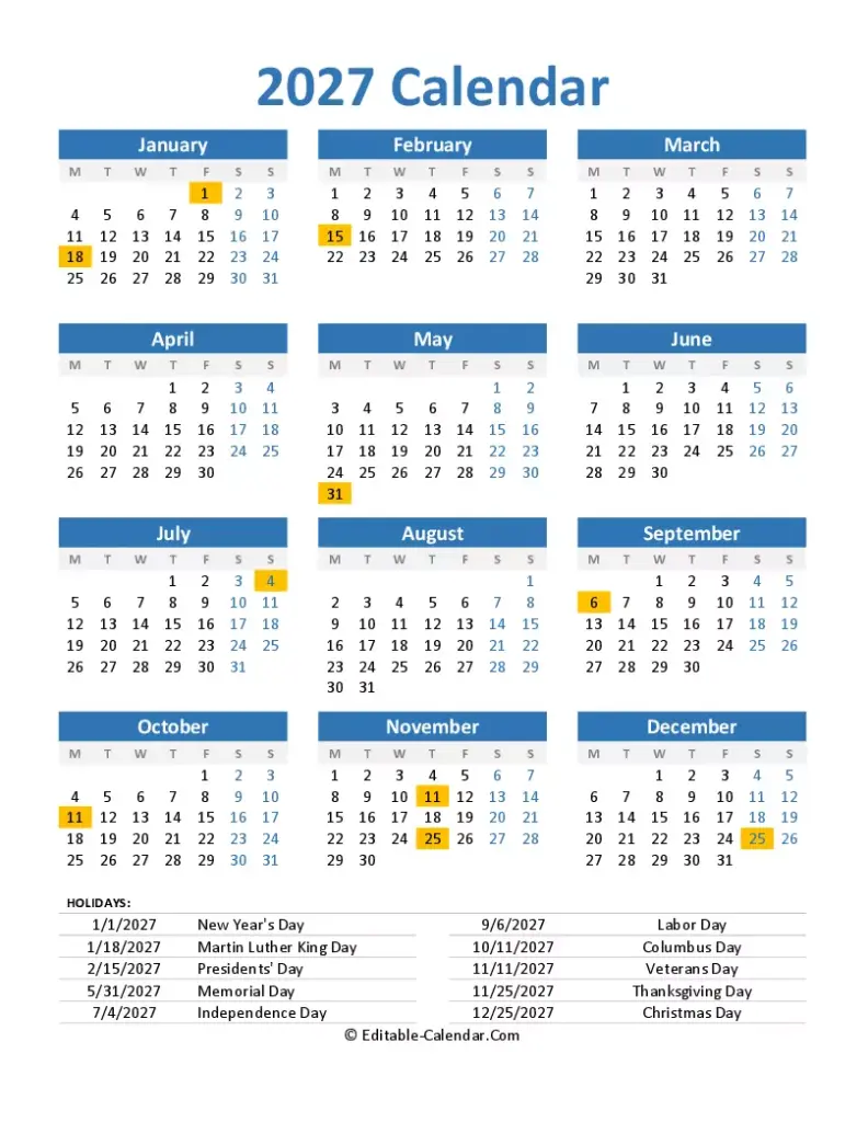 Download Free 2027 Printable Calendar With Us Holidays Portrait, weeks ...