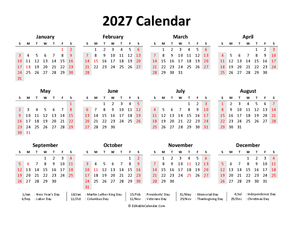 Download Printable 2027 Calendar Word (PDF Version)