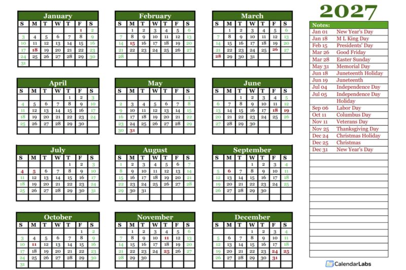 Editable 2027 Calendar Template Word