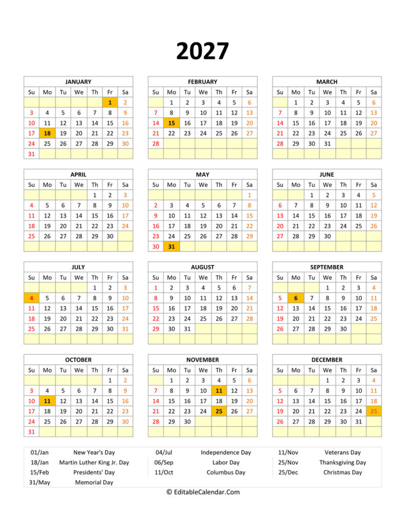 Editable 2027 Calendar With with Holidays Editable 2027 Calendar With with Holidays